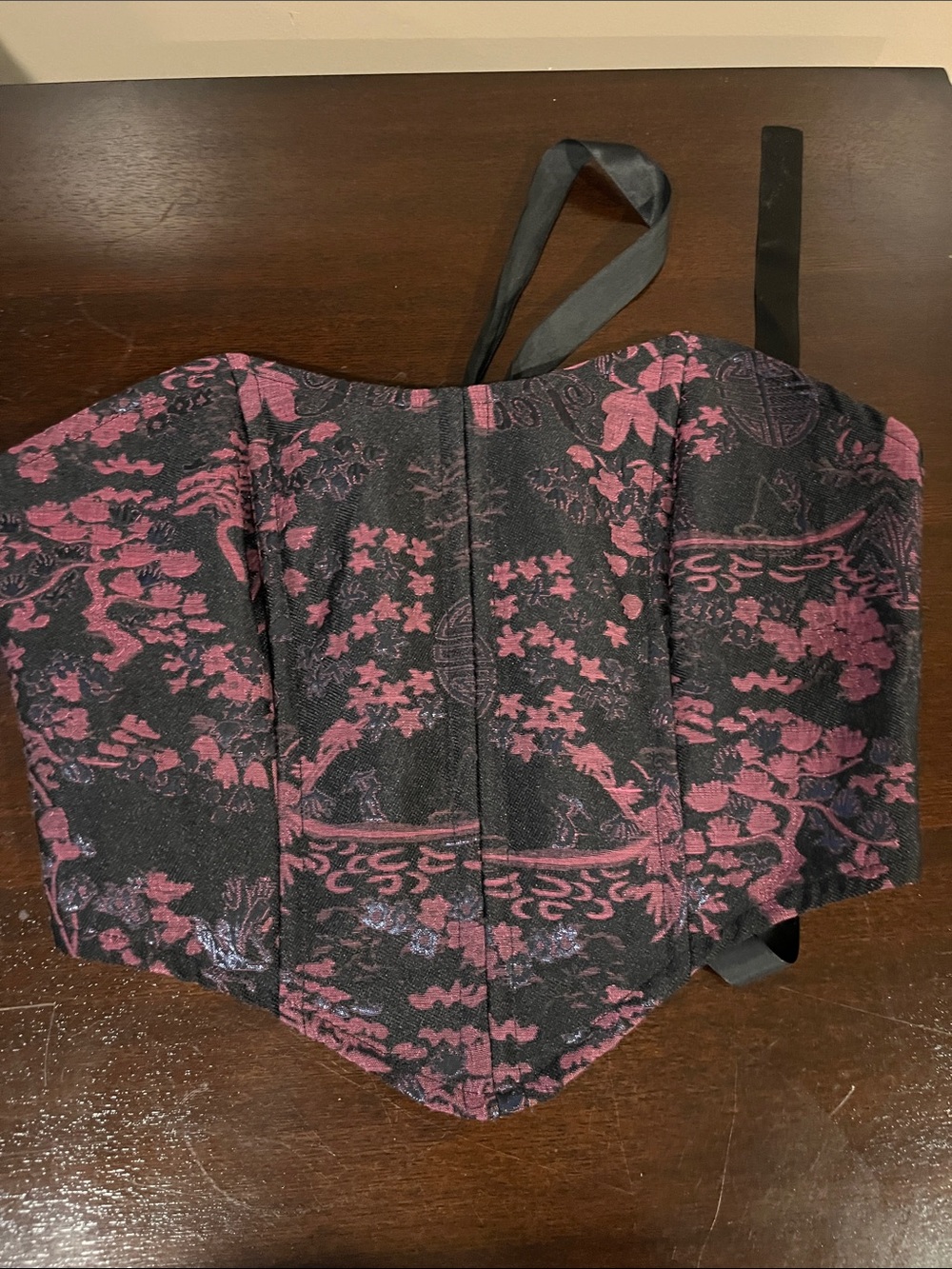 American Threads Black and Pink Floral Brocade Corset Bustier